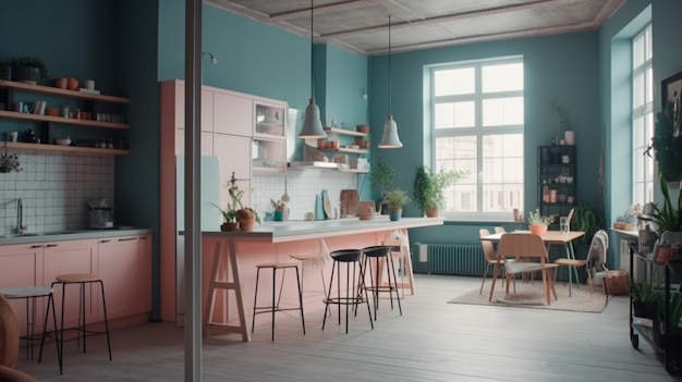Przestronne skandynawskie studio z ciepłą pastelową kolorystyką, nowoczesną kuchnią i modnymi meblami Generative AI