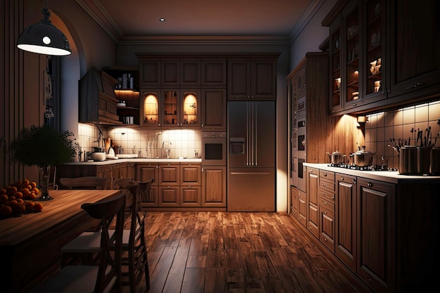 Przestronne wnętrze kuchni w nocy z drewnianymi szafkami i podłogą generatywną ai