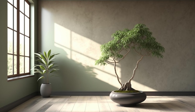 Przestronny pokój z pogodną ścianą w kolorze szałwii i wyróżniającym się japońskim drzewkiem bonsai. AI Generated