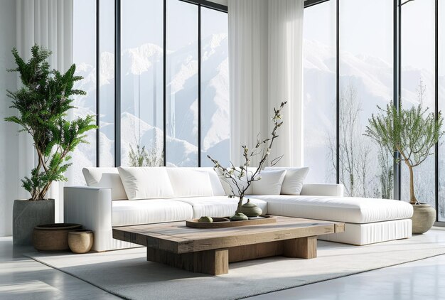 Przestronny salon z białą kanapą i dużymi oknami Generative AI
