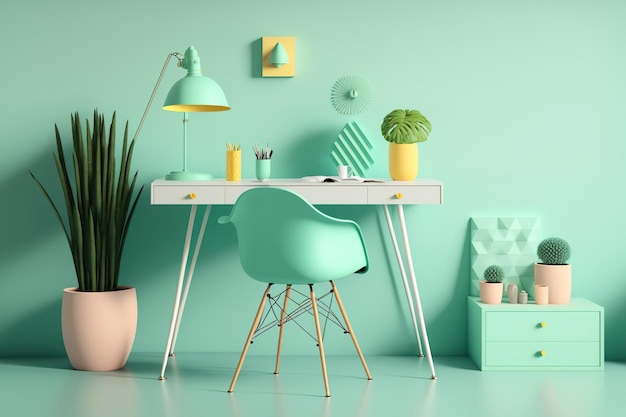 Przestrzeń biurowa w pastelowych kolorach z zielonym tłem