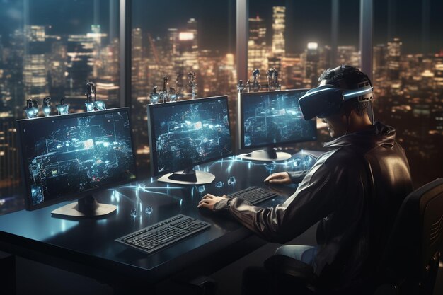 Przestrzeń robocza wirtualnej rzeczywistości z użytkownikami noszącymi VR Generative ai