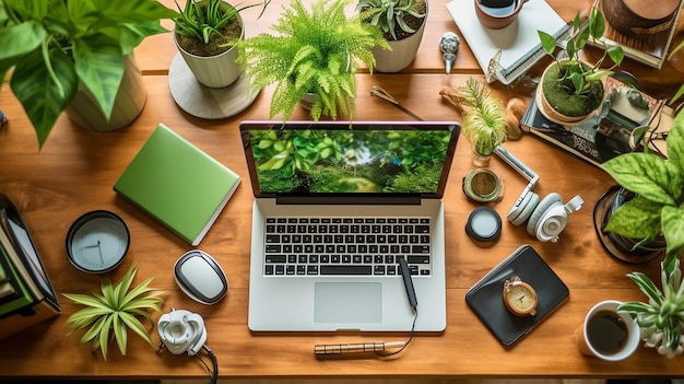 Przestrzeń robocza z laptopem, smartfonem, ołówkami, modnymi słuchawkami i elementami botanicznymi