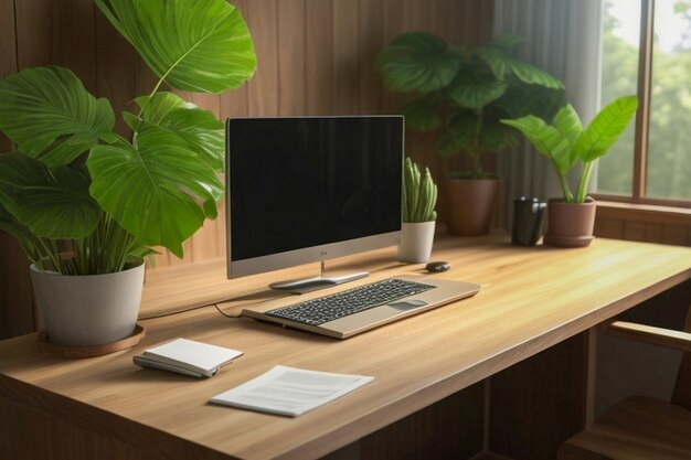 Przestrzeń robocza z pustą przestrzenią na drewnianym stole Domowy czysty biurko mały drzewko bonsai