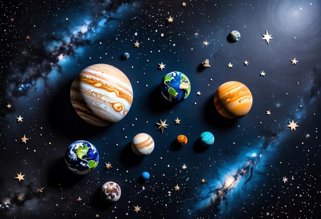 przestrzenne płaskie planety i gwiazdy z kopiowaniem przestrzeni