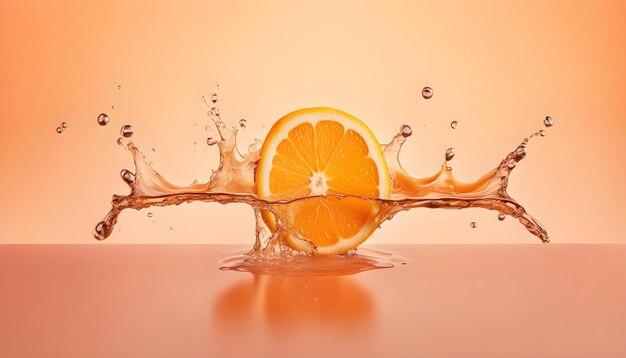 Przesuń wycięty kawałek pomarańczowej kropli na pomarańczowym tle z wodą rozpryskującą sok pomarańczowy
