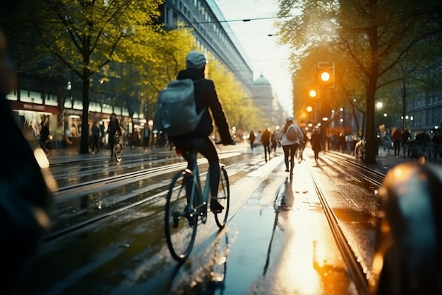 Zdjęcie przesyłka do pracy w ruchliwych miastach rowerzyści pedałują po zatłoczonych ulicach ruch miejski