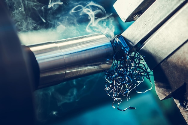 Zdjęcie przetwarzanie elementów metalowych wewnątrz maszyny tokarskiej close up ekstremalne uwalnianie ciepła i dymu podczas procesu temat maszyn przemysłowych