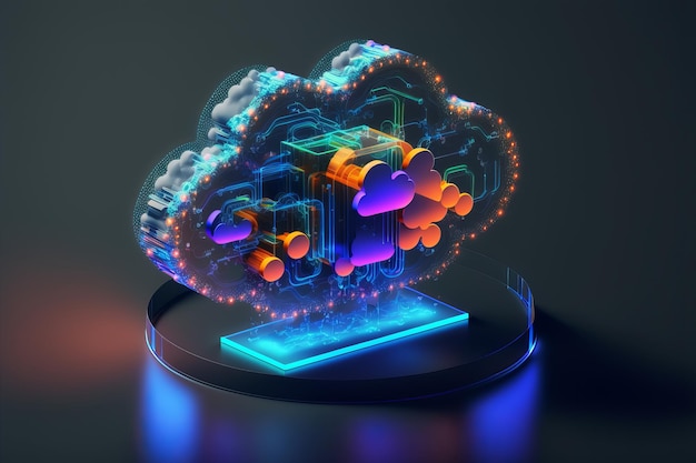 Przetwarzanie w chmurze Koncepcja technologii bazy danych ze świecącymi neonowymi strukturami na ciemnym tle Ilustracja Generative AI