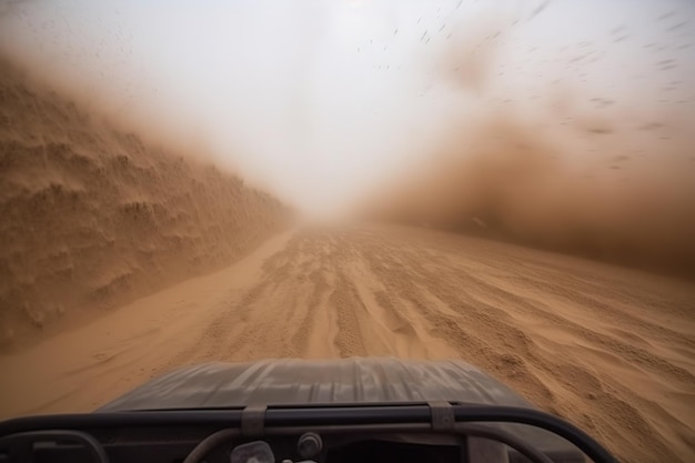 Przez burzę Pojazd jedzie przez burzę piaskową Ai generatywnie