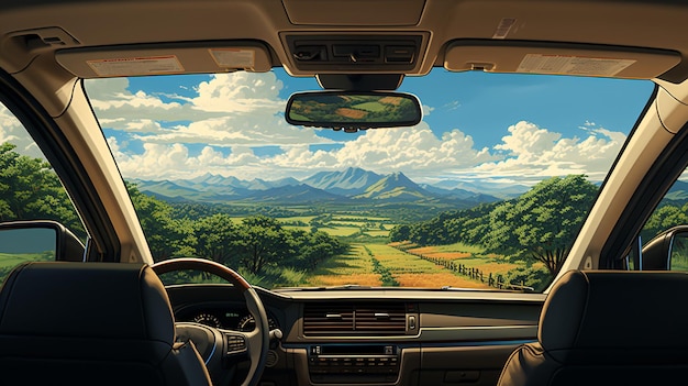 Przez okno samochodu podziwiamy malownicze krajobrazy wiejskie
