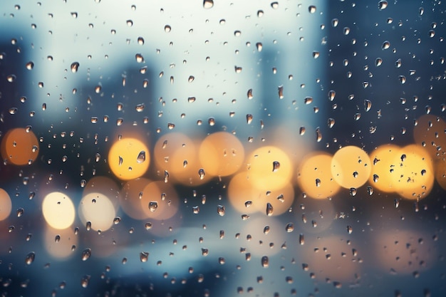 Przez szkło deszcz spada na okno z odbiciem świateł ulicznych.