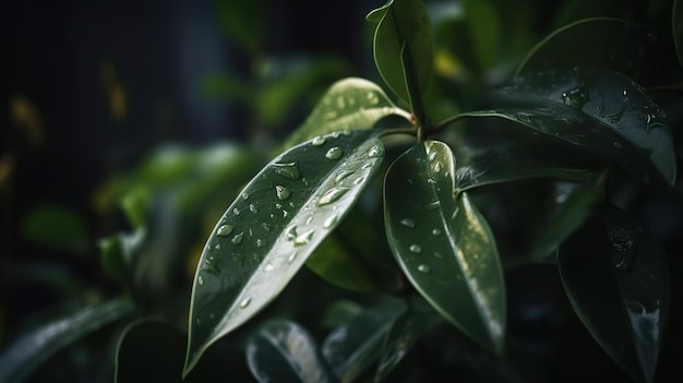 Przeznaczone do walki radioelektronicznej liści roślin tropikalnych ficus z kroplami deszczu Zielone tło naturalne Generative AI