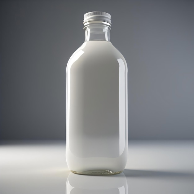 Przezroczysta butelka mleka z białą etykietą na górze.