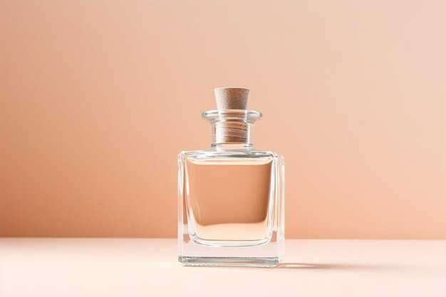 Przezroczysta butelka perfum z drewnianym wieczkiem stoi na różowym tle.