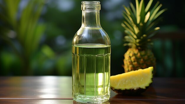 Zdjęcie przezroczysta butelka soku ananasowego ze świeżymi owocami