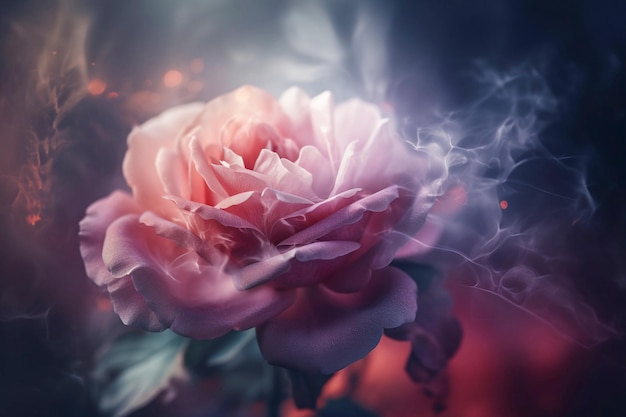 Zdjęcie przezroczysta różowa róża w mgle z bliska