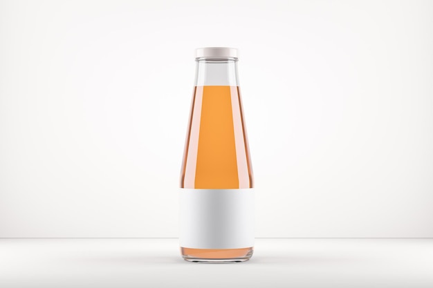 Zdjęcie przezroczysta szklana butelka z sokiem jabłkowym lub pomarańczowym z pustą etykietą na białym tle renderowania 3d