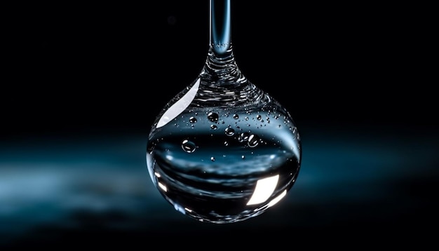 Przezroczysta szklana butelka z świeżą oczyszczoną wodą odbijająca niebieskie tło generowane przez sztuczną inteligencję