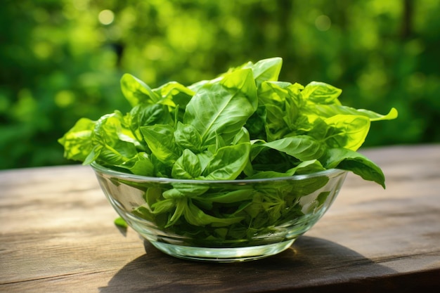 Przezroczysta szklana miska z zielonymi warzywami liściastymi znanymi ze zdrowia hormonalnego