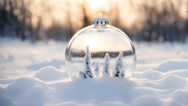 Zdjęcie przezroczysta szklana piłka świąteczna w śniegu ai wygenerowana