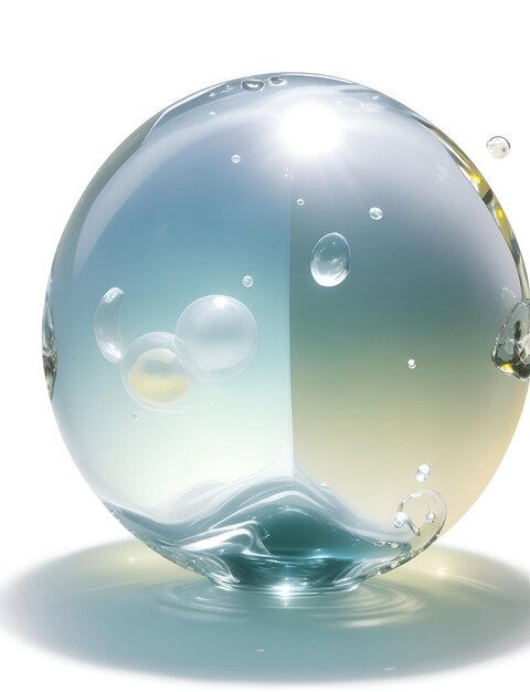Zdjęcie przezroczyste krople wody nieprzezroczysta szklana kula z blaskiem i cieniem na białym