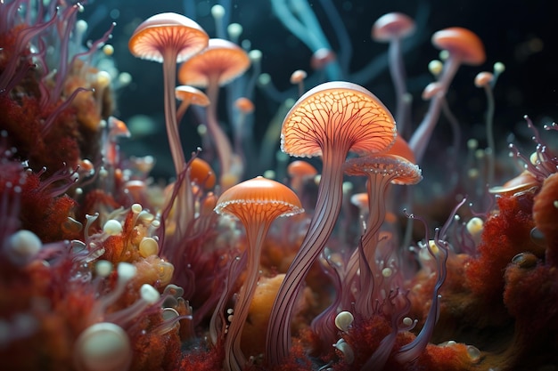 Przezroczyste świecące grzyby fantastyczne obce organiczne kształty abstrakcyjne surrealistyczne tło