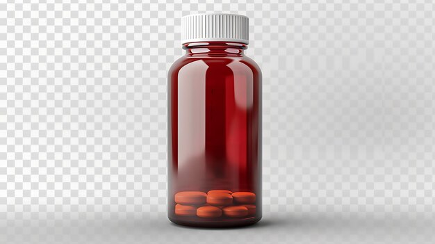 Zdjęcie przezroczyste tło brązowej szklanej butelki z tabletkami z białą czapką butelka jest w połowie pełna pomarańczowych tabletek