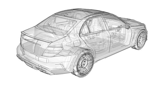 Przezroczysty Super Szybki Samochód Sportowy Wytyczone Linie Na Białym Tle. Sedan W Kształcie Nadwozia. Tuning To Wersja Zwykłego Samochodu Rodzinnego. Renderowania 3d.