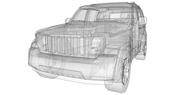 Przezroczysty SUV o prostych, prostych liniach nadwozia. renderowania 3D.