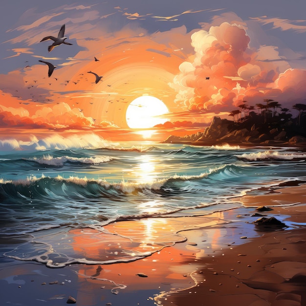 Przezroczysty zachód słońca na plaży w marzycielskim formacie akwareli