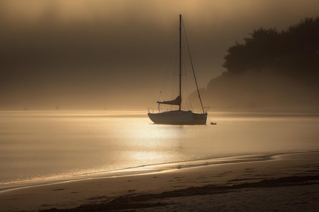 Zdjęcie przy zachodzie słońca, żaglówka, jacht na morzu, oceanie lub jeziorze, świt w mgle.