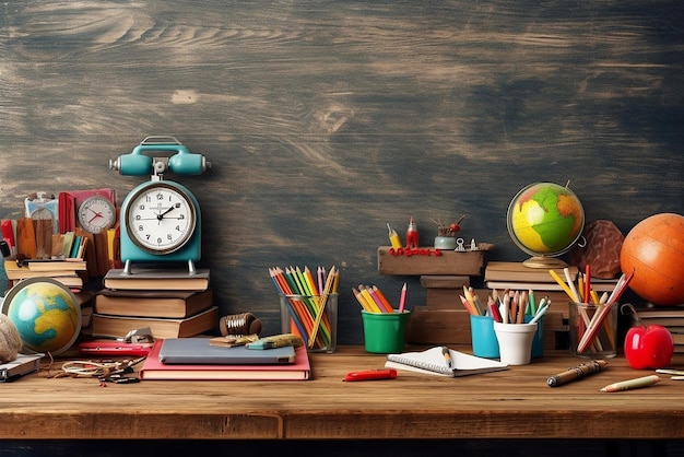 Zdjęcie przybory szkolne na drewnianym stole z powrotem do szkoły z miejscem na pisanie i tekst