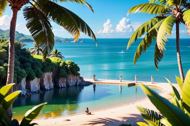Zdjęcie przybrzeżna plaża kokosowe palmy przyroda krajobraz tapeta tło ilustracja ozdobna