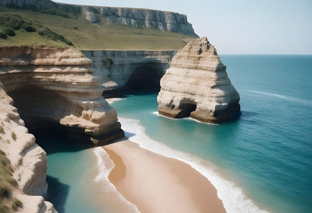 Przybrzeżne klify z piaszczystą plażą i dwoma formacjami skalnymi w morzu w ciągu dnia