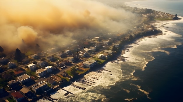 Przybrzeżne miasto otoczone gęstym smogiem z wyciekami ropy, zanieczyszczającymi ocean, i śmieciami rozrzuconymi po plaży