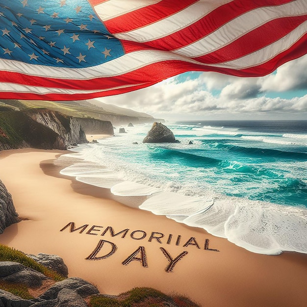 Przybrzeżne piękne fale rozbijają amerykańską flagę Wysoki Dzień Pamięci napisany w piasku