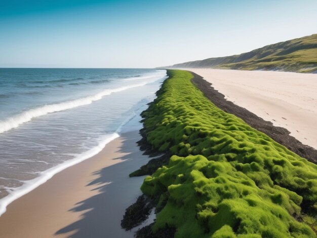 Przybrzeżny krajobraz z zielonymi wodorostami tworzącymi granicę wzdłuż piaszczystego brzegu