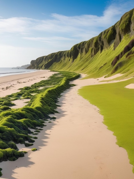 Przybrzeżny krajobraz z zielonymi wodorostami tworzącymi granicę wzdłuż piaszczystego brzegu
