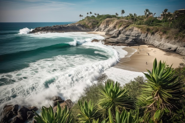 Przybrzeżny raj w Puerto Escondido w Meksyku Carrizalillo Beach surferzy generatywny IA