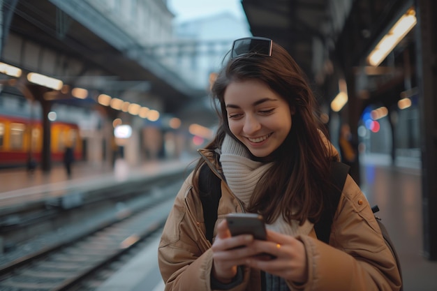 Przyciągająca kobieta uśmiecha się i używa telefonu komórkowego na zewnątrz