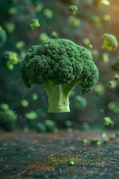 Przyciągające brokuły wyłaniają się z eterycznej mgły z magiczną aurą generowaną przez sztuczną inteligencję.