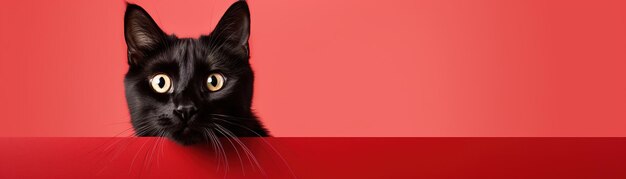 Przyciągający czarny kot z zdumionym wyrazem twarzy na odważnym czerwonym tle idealny do przyciągających wzrok reklam specjalnych promocji lub kreatywnych projektów Kopiowanie miejsca na tekst Generatywny AI