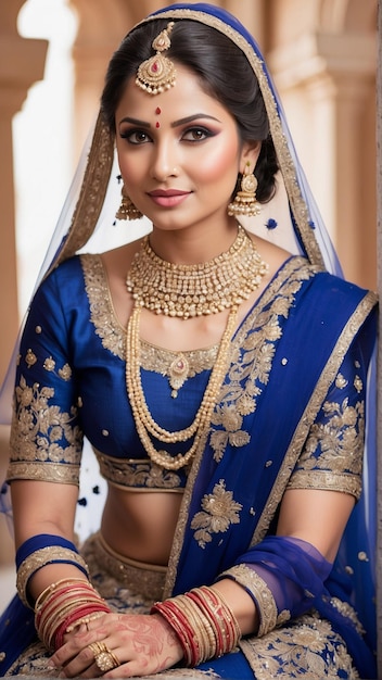 Przyciągający ślubny błogosławieństwo Portret atrakcyjnej indyjskiej panny młodej promieniującej pięknością w ślubnej Lehenga i ozdobnej biżuterii generatywny ai