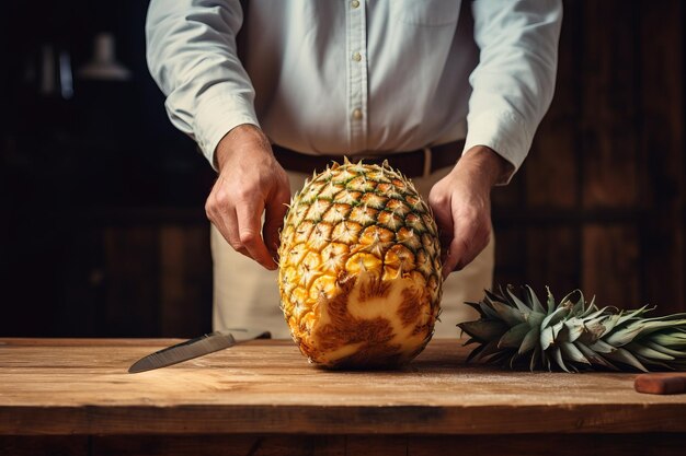 Zdjęcie przyciągający wzrok fachowo pokrojony ananas kradnie światło reflektorów na desce do cięcia