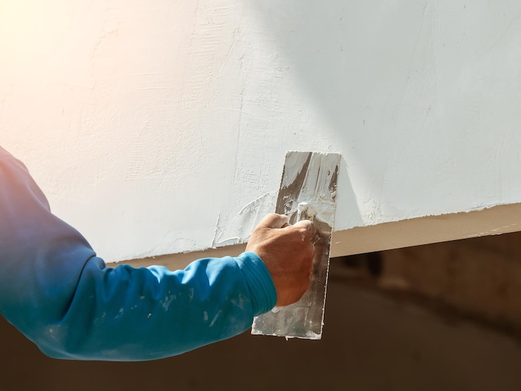 Zdjęcie przycięta ręka człowieka pracującego na ścianie