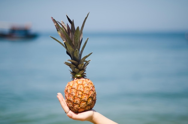 Przycięta ręka kobiety trzymającej ananas na plaży