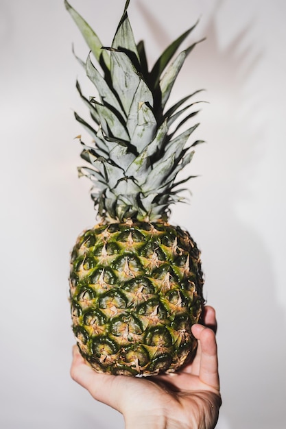 Zdjęcie przycięta ręka trzymająca ananas na ścianie