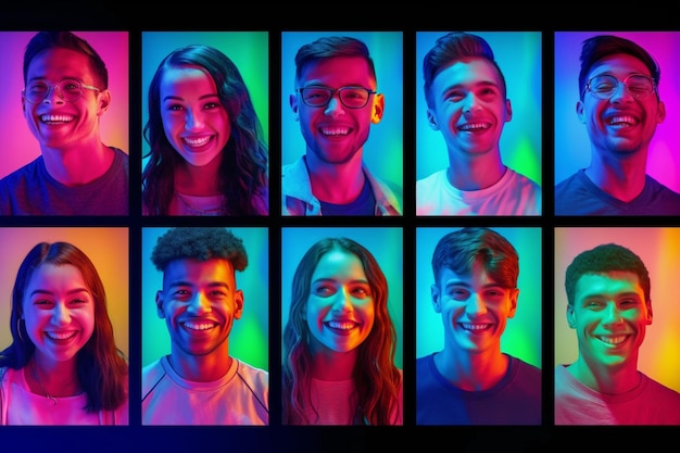 Przycięte portrety grupy ludzi na wielokolorowym tle z neonowym światłem