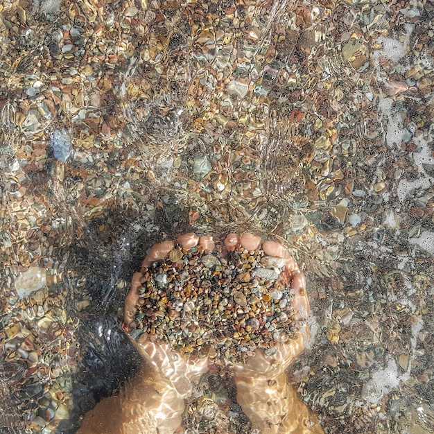 Przycięte ręce trzymające kamyki na plaży w słoneczny dzień